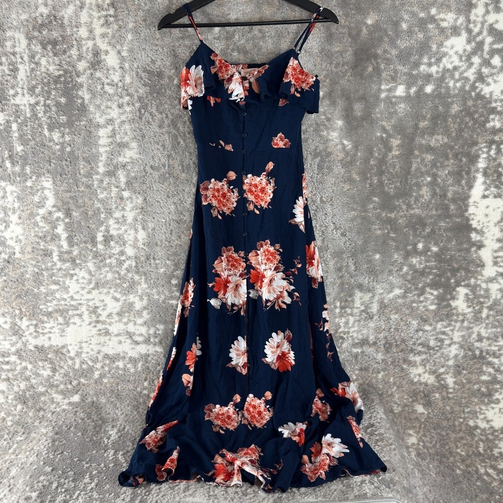 Band Of Gypsies Size XS Dark Floral Fit Flared Midi Dress Navy Sleeveless Button
